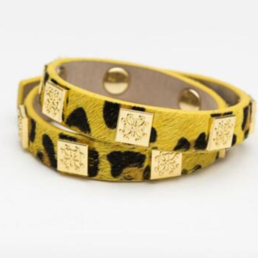 Rustic Cuff Yellow Leather Bracelet Leopard Calfskin Double Wrap